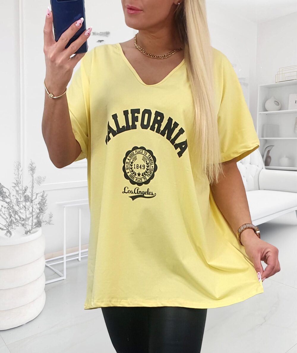 Žlté dámske tričko s potlačou California, véčkový výstrih, krátke rukávy, plus size strih