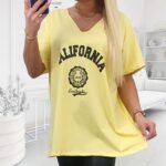 Žlté dámske tričko s potlačou California, véčkový výstrih, krátke rukávy, plus size strih