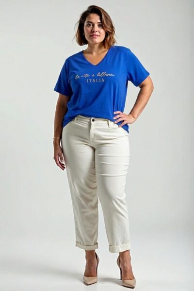 Modré plus size tričko s nápisom la vita è bellissima Italia, výstrih do V, voľný strih