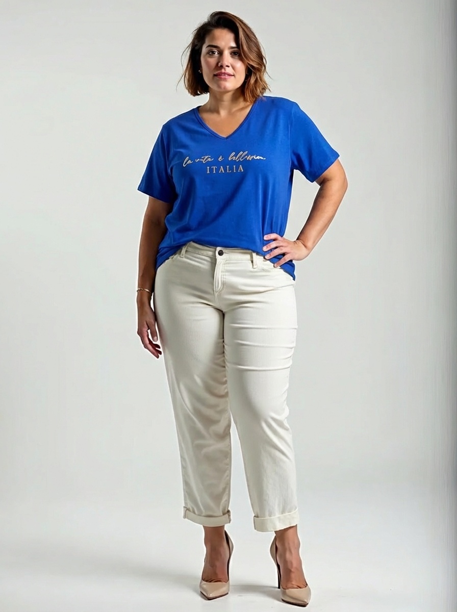 Modré plus size tričko s nápisom la vita è bellissima Italia, výstrih do V, voľný strih