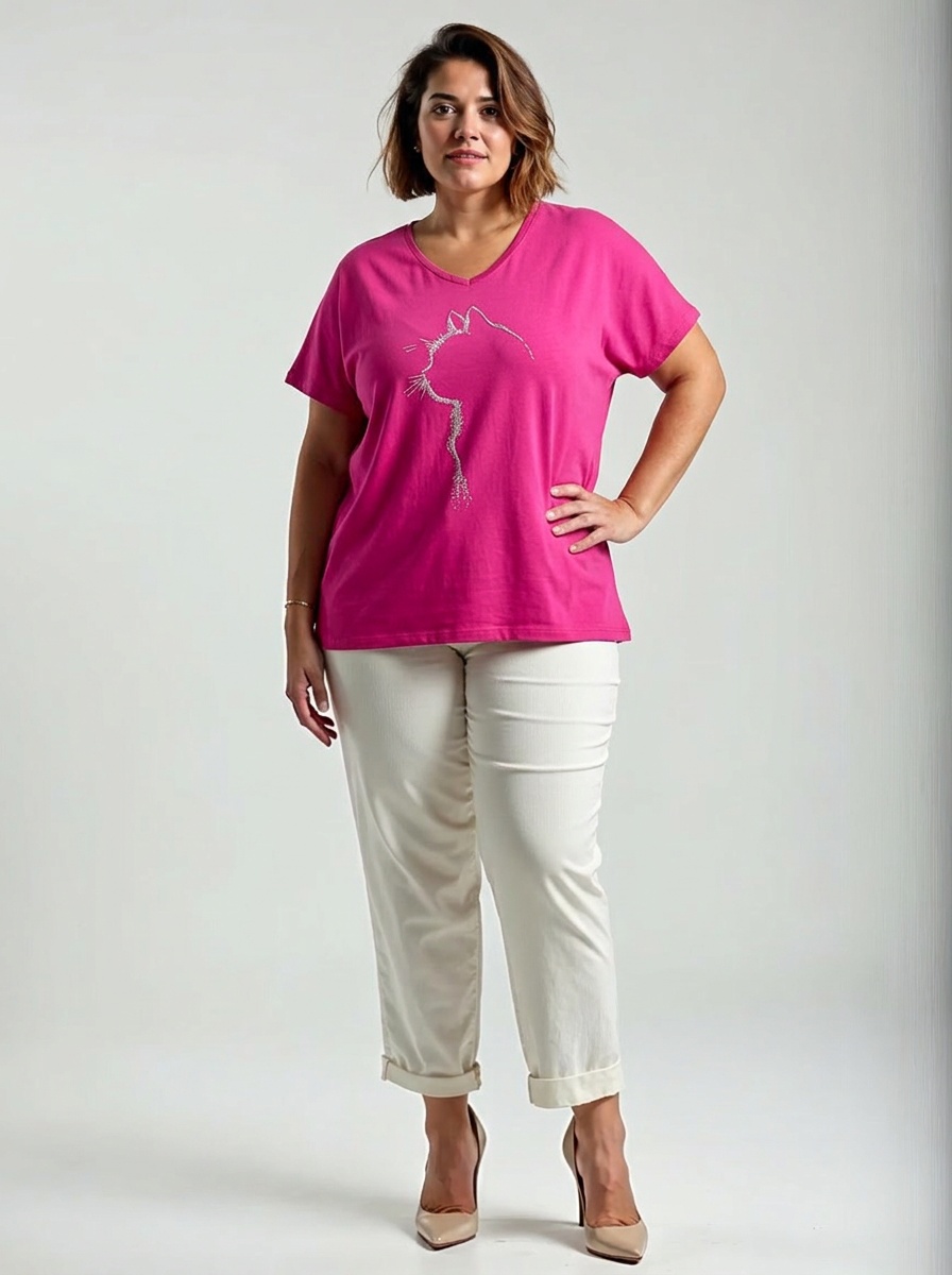 Fuksiové plus size bavlnené tričko so striebornou siluetou mačky, výstrih do V, voľný strih