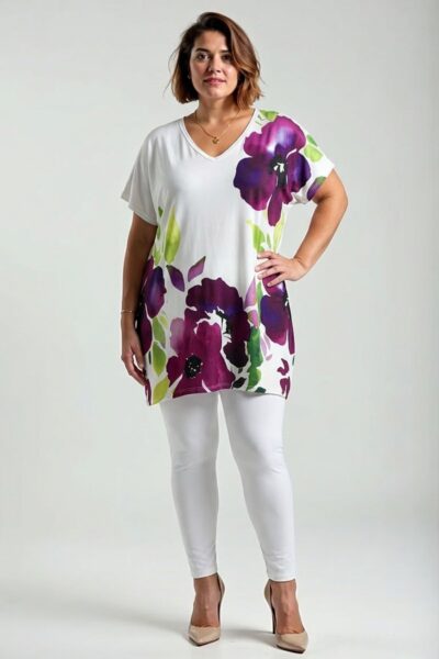 Biela tunika s výraznou fialovo-ružovou kvetinovou potlačou, krátke rukávy, V výstrih