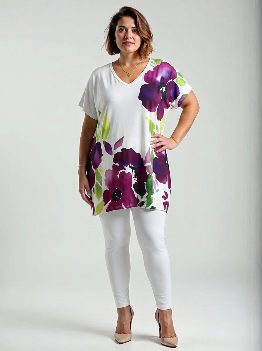 Biela tunika s výraznou fialovo-ružovou kvetinovou potlačou, krátke rukávy, V výstrih