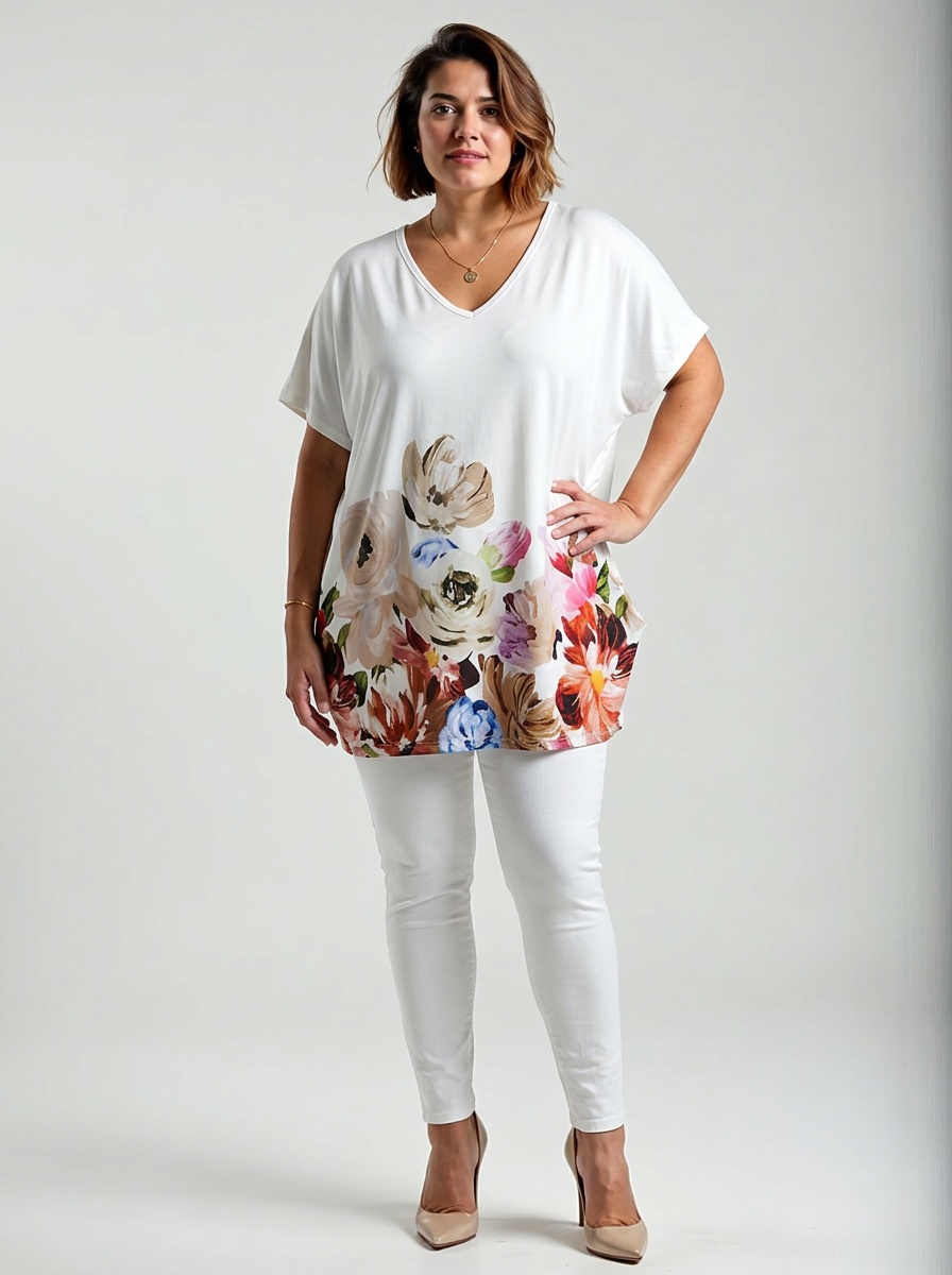 Tunika s výraznou kvetinovou potlačou v spodnej časti, krátke rukávy, V výstrih, kombinácia polyesteru a viskózy
