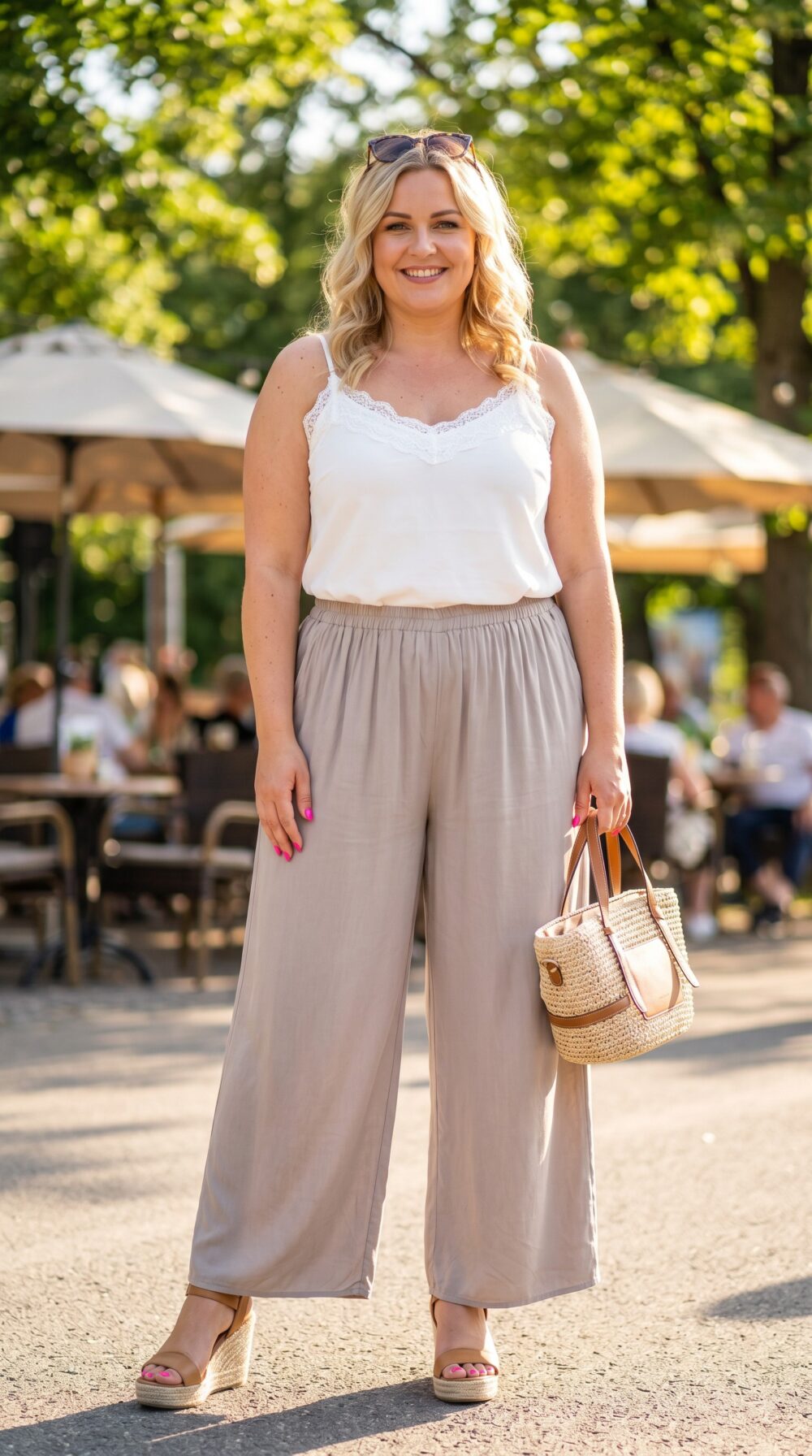 Plus size široké viskózové nohavice v béžovom odtieni s elastickým pásom a vreckami