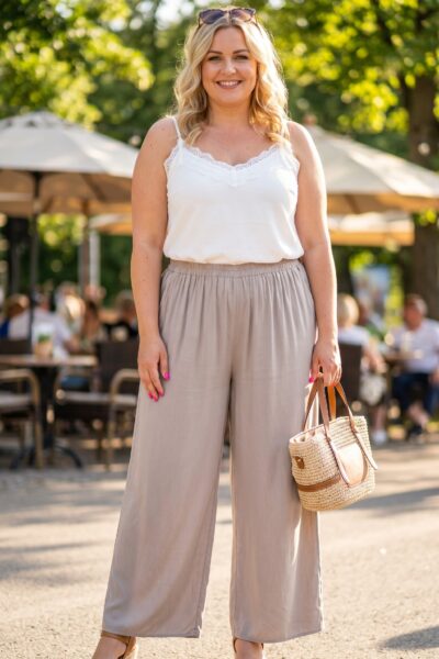 Plus size široké viskózové nohavice v béžovom odtieni s elastickým pásom a vreckami