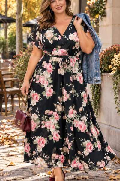 Plus size žena v čiernych kvetovaných šatách s ružami, rifľovou bundou prevesenou cez plece, bordovou kabelkou a lodičkami v elegantnom jesennom prostredí.