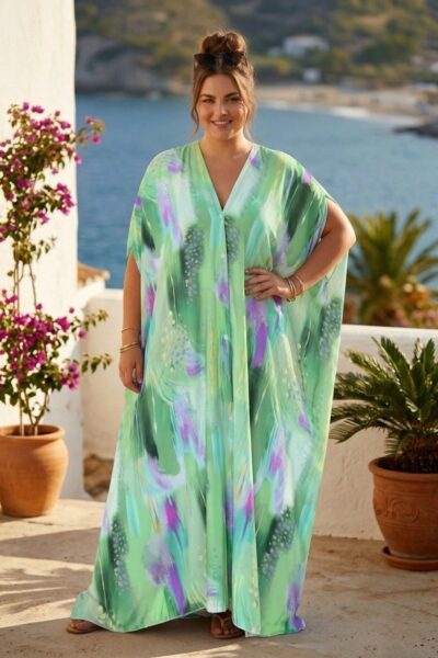 Vzorovaný kaftan s krátkymi rukávmi zelený