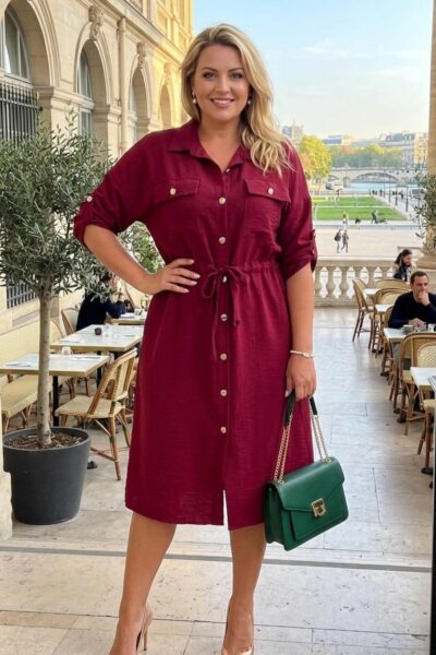 Bordové plus size košeľové šaty s golierom, zapínaním na gombíky po celej dĺžke, náprsnými vreckami, tunelovým sťahovaním v páse, rukávmi s možnosťou vyhrnutia a midi dĺžkou 116 cm. Elegantné a pohodlné šaty pre ženy s krivkami vhodné na každodenné aj slávnostnejšie nosenie.