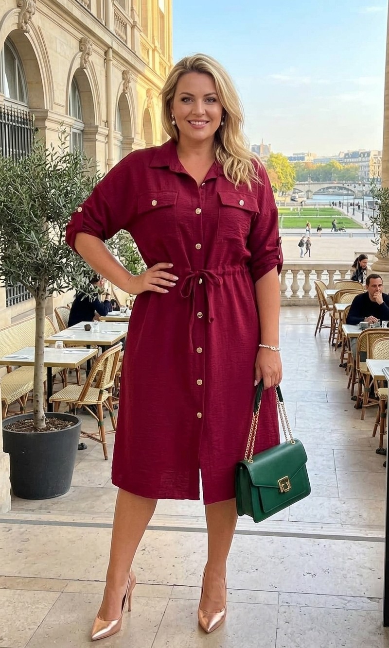 Bordové plus size košeľové šaty s golierom, zapínaním na gombíky po celej dĺžke, náprsnými vreckami, tunelovým sťahovaním v páse, rukávmi s možnosťou vyhrnutia a midi dĺžkou 116 cm. Elegantné a pohodlné šaty pre ženy s krivkami vhodné na každodenné aj slávnostnejšie nosenie.