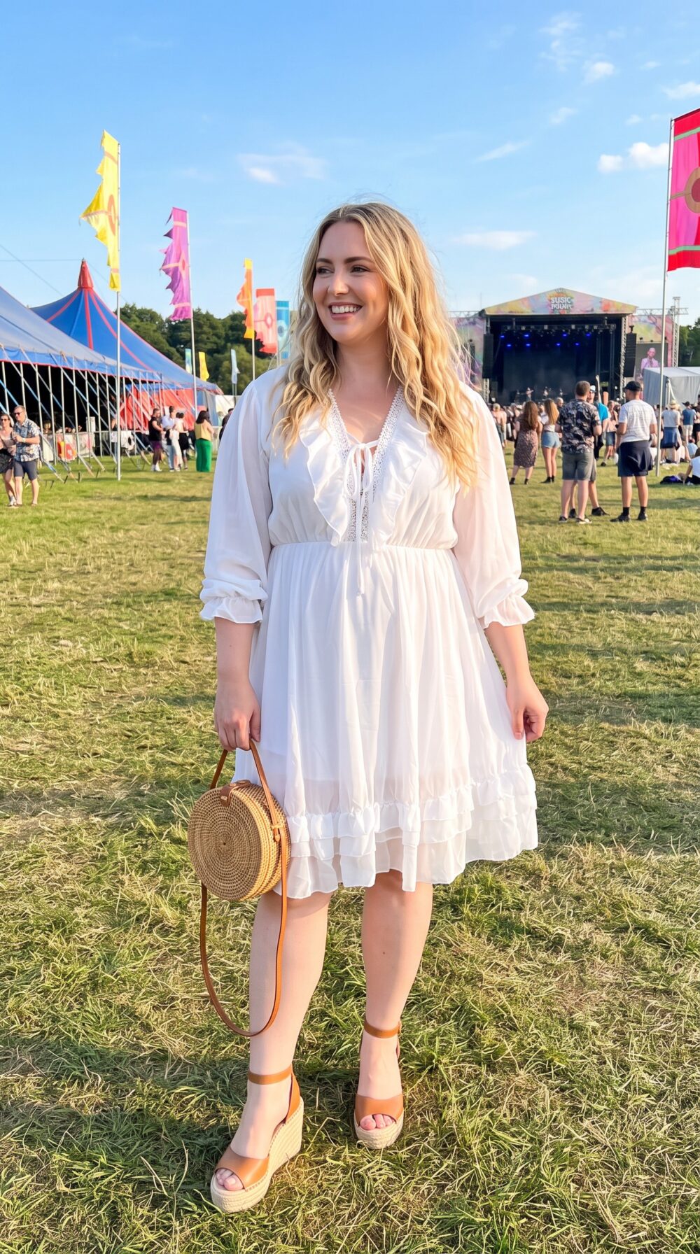Biele romantické plus size šaty s čipkovým výstrihom, viazaním, balónovými rukávmi a volánovým spodným lemom, voľný strih so zvýšeným pásom a podšitou sukňou.