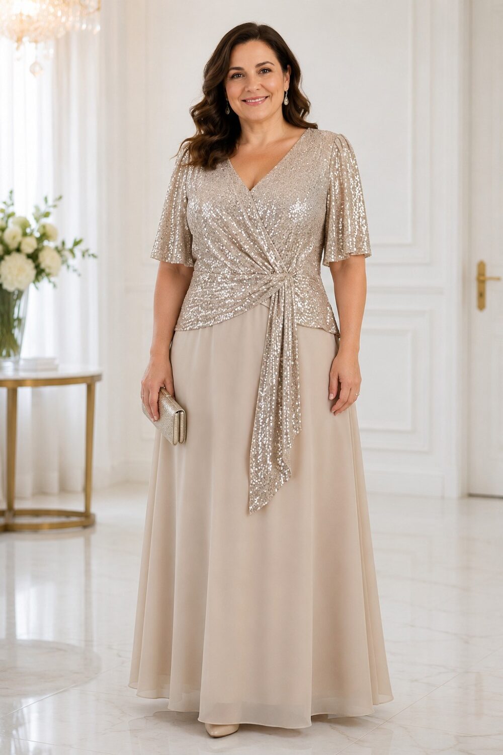 Dámske plus size béžové spoločenské maxi šaty s flitrovaným živôtikom, výstrihom do V, rukávmi po lakte a dlhou šifónovou sukňou.