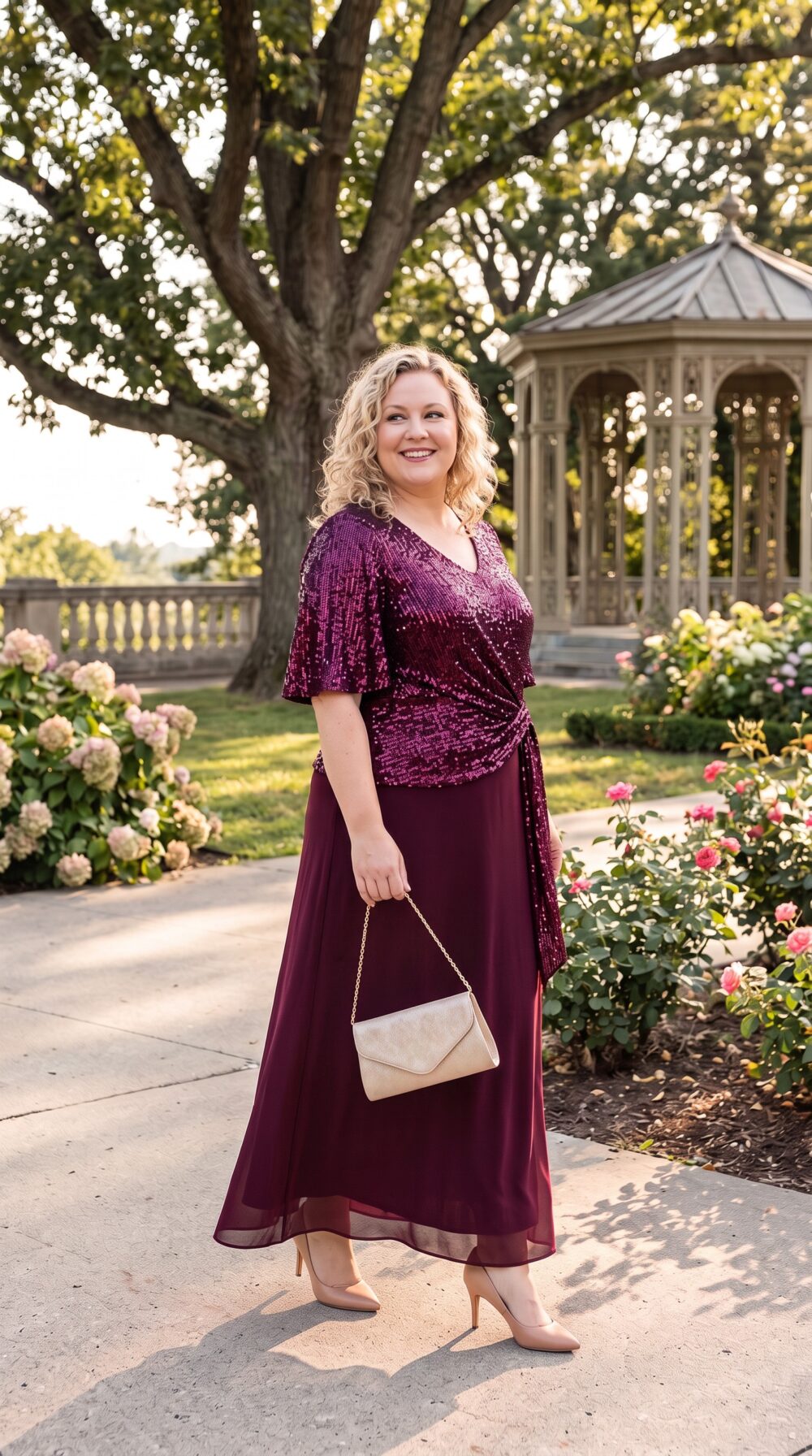 Dlhé slivkové spoločenské šaty plus size s flitrovaným vrchom a šifónovou sukňou