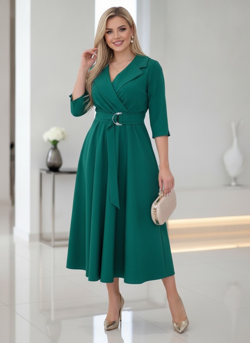 saty-zelene-pracka Zelené spoločenské plus size šaty s prekladaným výstrihom, širokým opaskom s prackou a rozšírenou sukňou.