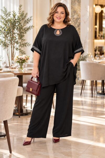 Čierny spoločenský nohavicový komplet pre plus size ženy so širokými nohavicami, voľným vrchným dielom a štrasovými kamienkami pri výstrihu a na rukávoch.