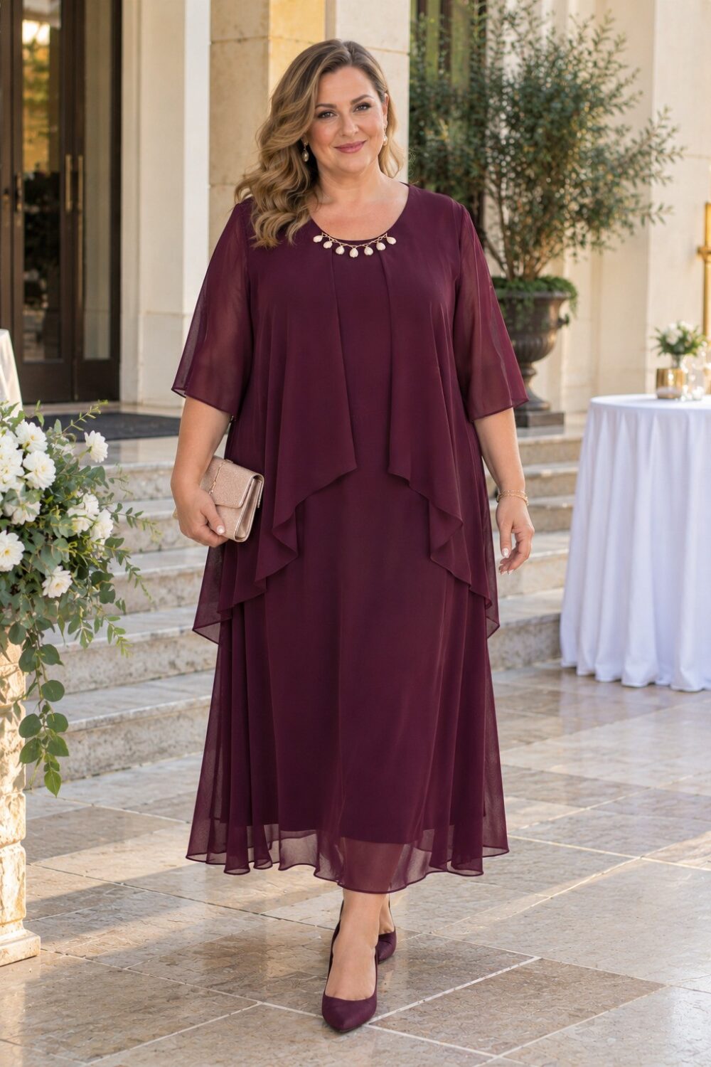 Plus size spoločenské šaty v baklažánovej farbe so splývavou šifónovou vrstvou, 3/4 rukávmi a ozdobou pri výstrihu.