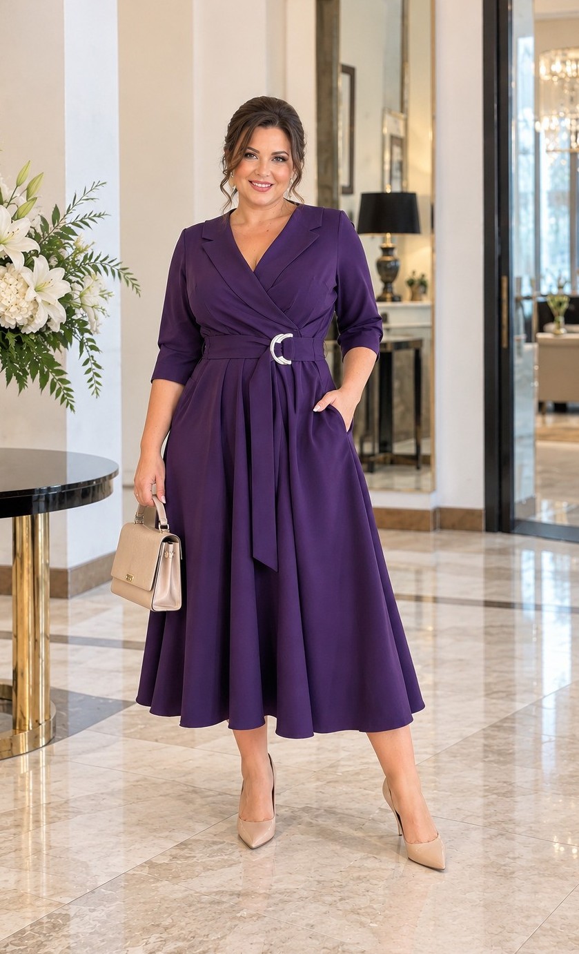 saty-fialove-pracka Plus size žena vo fialových elegantných šatách s kvetom v páse, béžovou kabelkou a lodičkami.