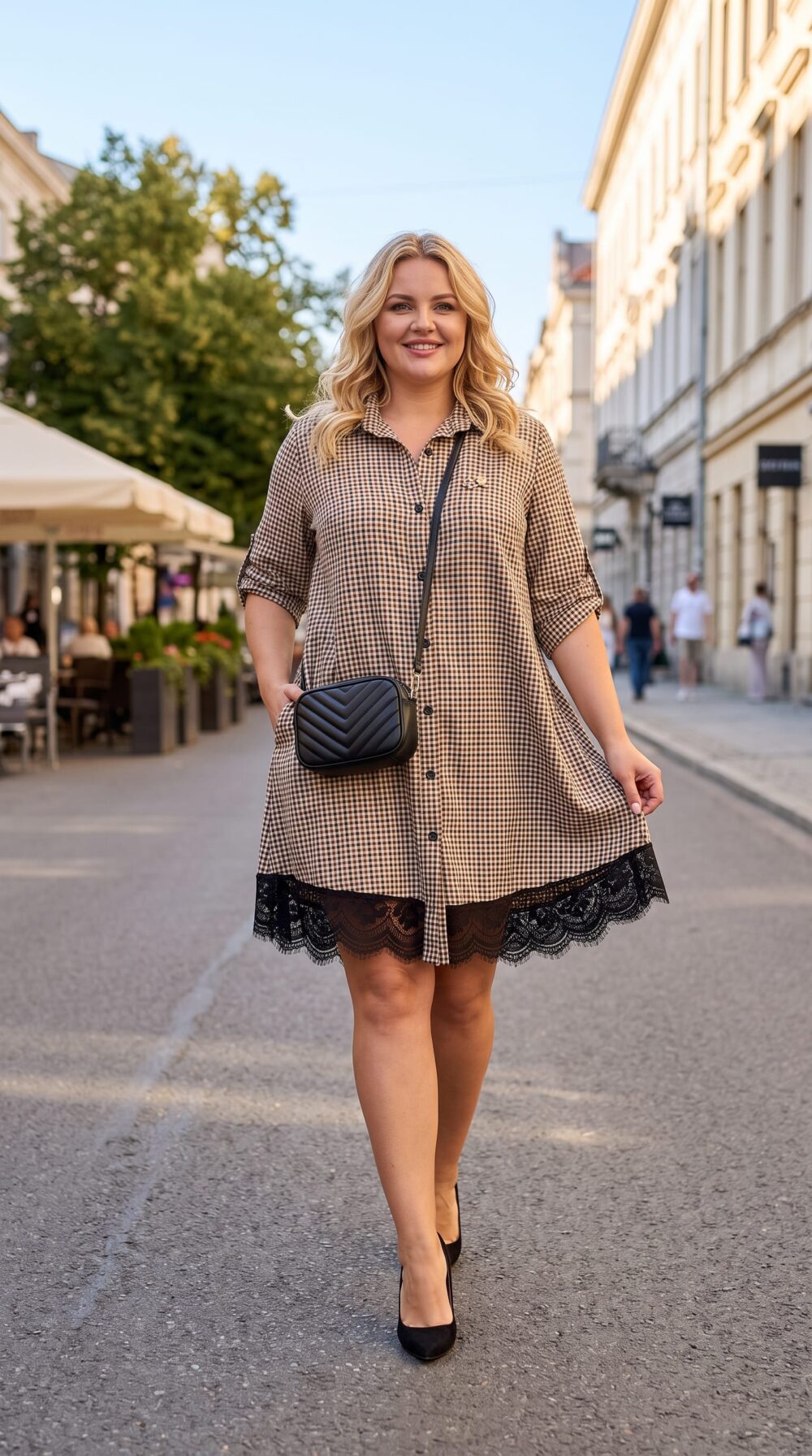 saty-karovane-hnede-cipka Kárované plus size košeľové šaty s čiernou čipkou, ozdobnými brošňami, gombíkmi a vreckami na bokoch
