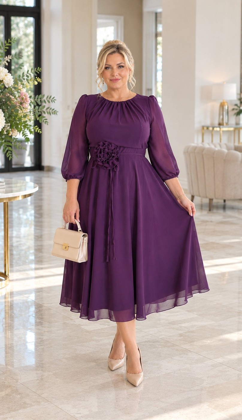 saty-ozdobny-kvet-fialove Plus size šifónové šaty s látkovým kvetom fialové