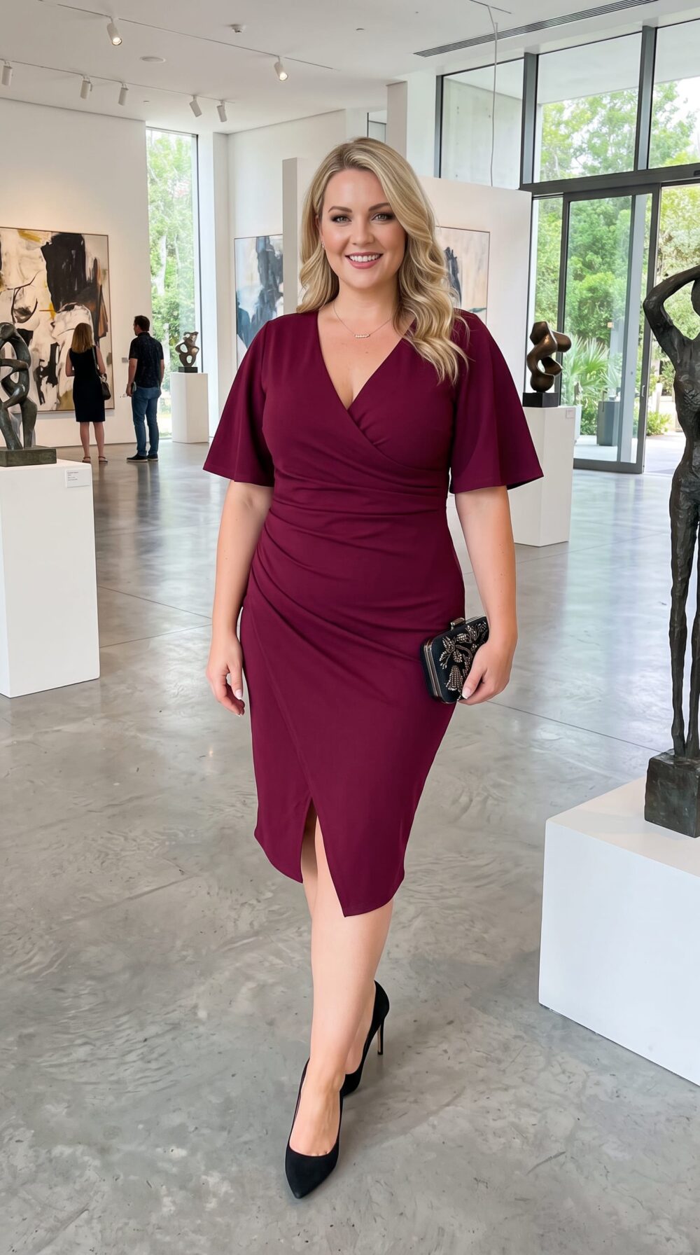saty-vinovocervene-elegantne-riasenie Plus size spoločenské šaty vo vínovo-bordovej farbe s prekladaným výstrihom, zvonovými rukávmi a riasením v páse