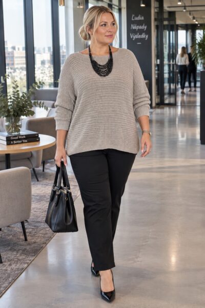 Dámsky plus size pletený sveter s raglánovými rukávmi a viacradovým náhrdelníkom, dĺžka 71 cm.
