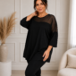 Čierna plus size tunika s 3/4 rukávmi a asymetrickou priehľadnou sieťovinou cez ramená