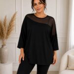 Čierna plus size tunika s 3/4 rukávmi a asymetrickou priehľadnou sieťovinou cez ramená