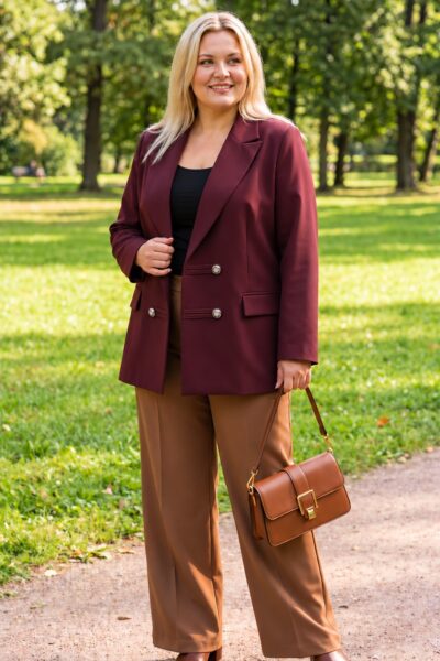 Plus size žena v bordovom predĺženom saku v dôstojníckom štýle s výraznými klopami, ozdobnými látkovými aplikáciami a reliéfnymi kovovými gombíkmi. Elegantné sako s voľnejším strihom a dekoratívnymi klopami imitujúcimi vrecká.