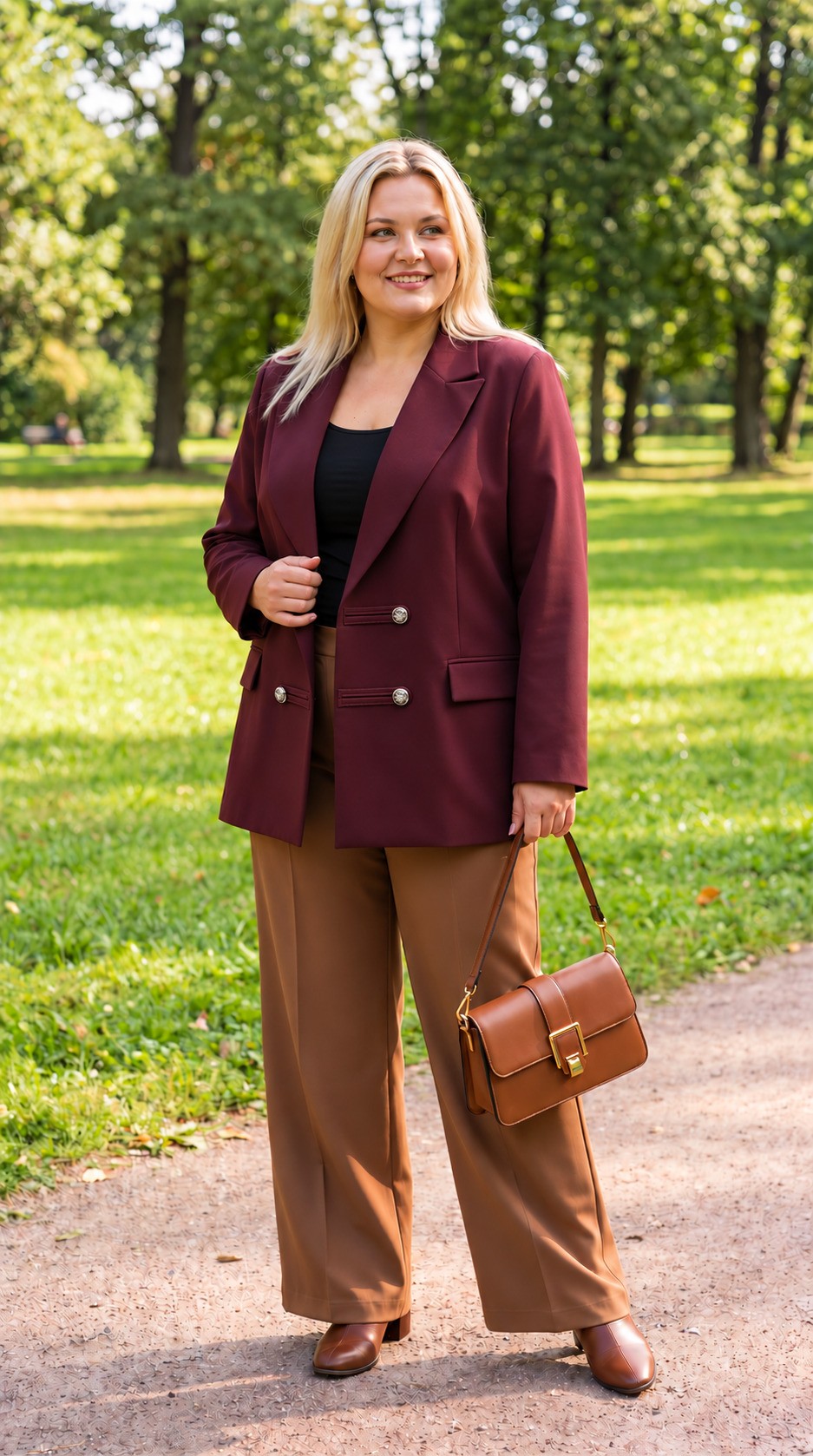 Plus size žena v bordovom predĺženom saku v dôstojníckom štýle s výraznými klopami, ozdobnými látkovými aplikáciami a reliéfnymi kovovými gombíkmi. Elegantné sako s voľnejším strihom a dekoratívnymi klopami imitujúcimi vrecká.