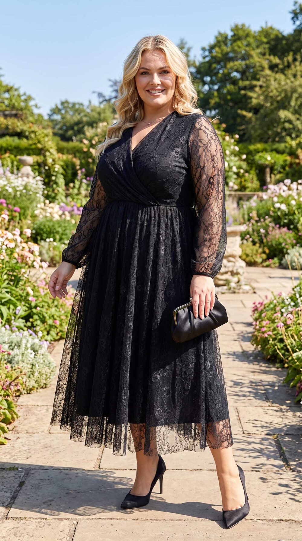 Čierne dlhé čipkované šaty s prekladaným výstrihom, dlhými rukávmi a rozšírenou sukňou v plus size veľkosti.