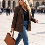 Plus size žena v čokoládovohnedom predĺženom saku s ozdobnými reliéfnymi gombíkmi a látkovými aplikáciami, v modrých džínsoch, s hnedými členkovými čižmami a koženou kabelkou, kráča slnečným námestím európskeho mesta.