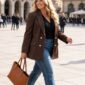 Plus size žena v čokoládovohnedom predĺženom saku s ozdobnými reliéfnymi gombíkmi a látkovými aplikáciami, v modrých džínsoch, s hnedými členkovými čižmami a koženou kabelkou, kráča slnečným námestím európskeho mesta.