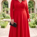 Elegantné červené dámske maxi šaty pre moletky s prekladaným výstrihom do V, jemným riasením v páse, dlhými rukávmi a rozšírenou sukňou. Plus size modelka s čiernou listovou kabelkou a lodičkami v romantickej záhrade.