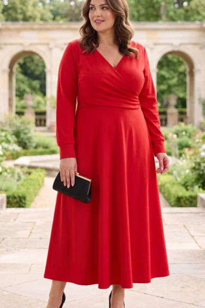 Elegantné červené dámske maxi šaty pre moletky s prekladaným výstrihom do V, jemným riasením v páse, dlhými rukávmi a rozšírenou sukňou. Plus size modelka s čiernou listovou kabelkou a lodičkami v romantickej záhrade.