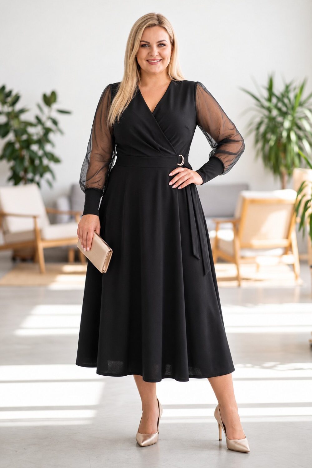 saty-kovova-pracka-cierne Plus size blondínka v elegantných čiernych midi šatách so zavinovacím výstrihom, priehľadnými rukávmi a opaskom s kovovou prackou. Outfit dopĺňajú saténové lodičky a kabelka vo farbe champagne.