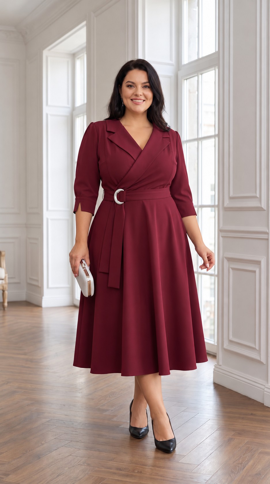 Plus size brunetka v elegantných bordových midi šatách s prekladaným živôtikom, striebornou prackou a rozšírenou sukňou v svetlom interiéri.