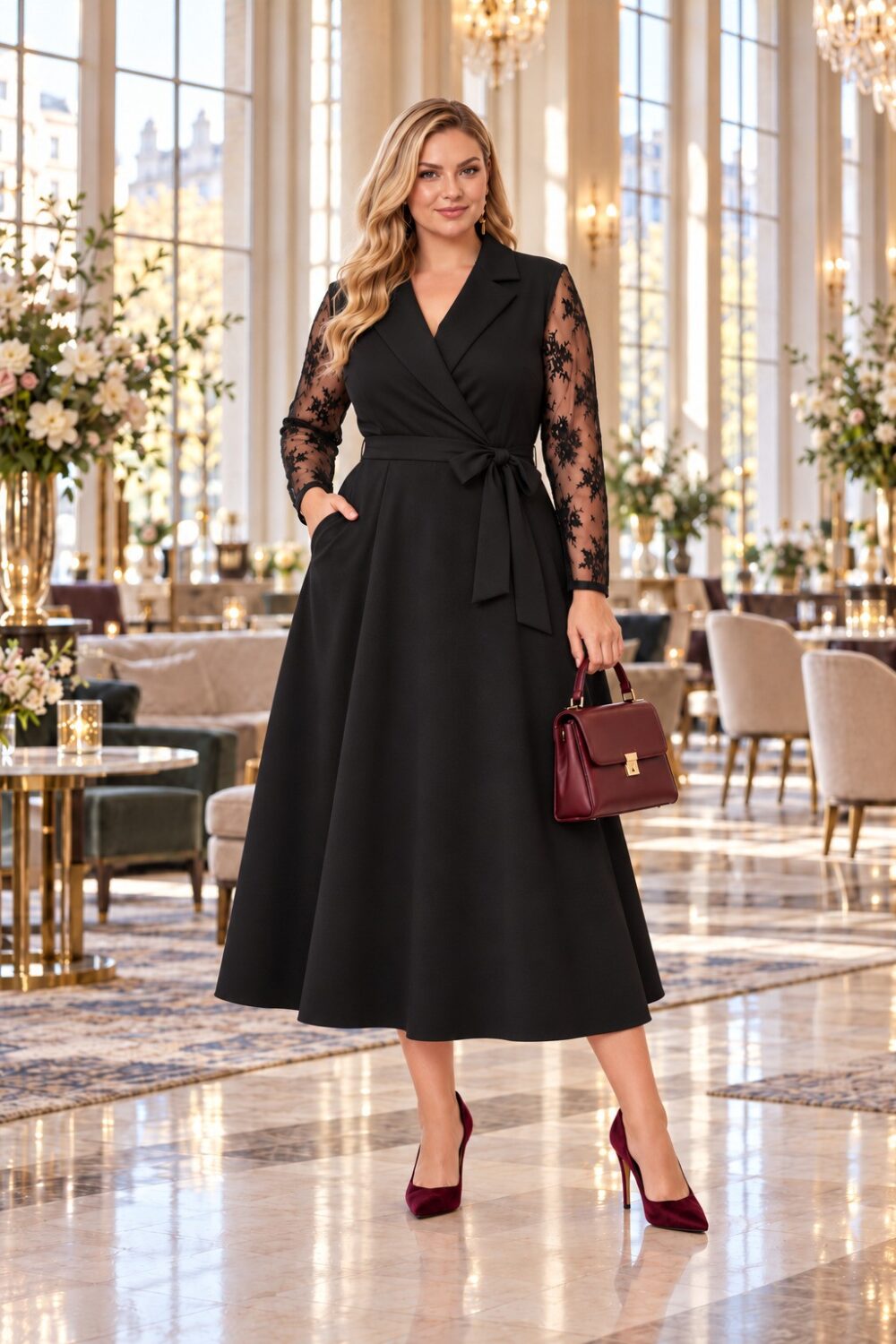 Elegantné čierne spoločenské šaty s čipkovanými priehľadnými rukávmi, prekladaným výstrihom s klopami, viazaním v páse a rozšírenou midi sukňou s vreckami. Modelka s krivkami ich kombinuje s bordovými lodičkami a kabelkou v luxusnom svetlom spoločenskom interiéri.