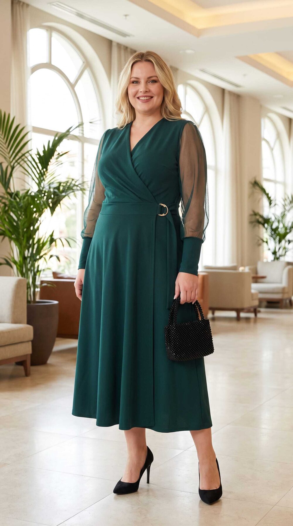 Plus size blondínka v elegantných smaragdovozelených midi šatách so zavinovacím výstrihom, priehľadnými rukávmi a opaskom so zlatou kovovou prackou. Outfit dopĺňajú čierne lodičky a malá čierna kabelka.